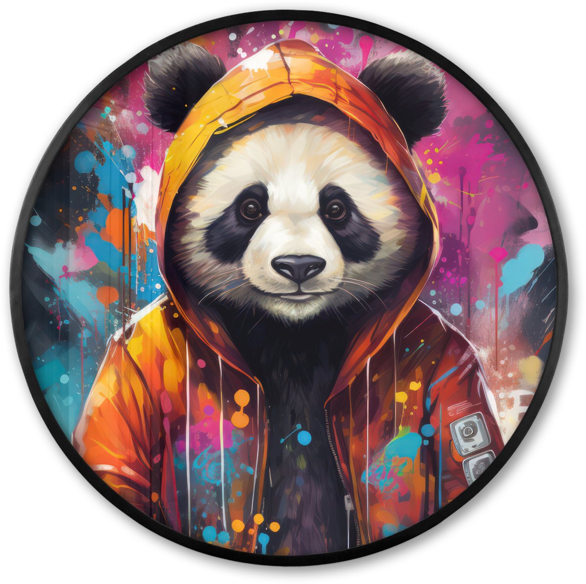FrameYourWall Poster in lijst Rond - Fotolijst 80x80 cm - Posters - Panda - Jas - Graffiti - Oranje - Ronde posterlijst zwart - Decoratie - Wanddecoratie woonkamer - Muurdecoratie slaapkamer Graffiti - Panda