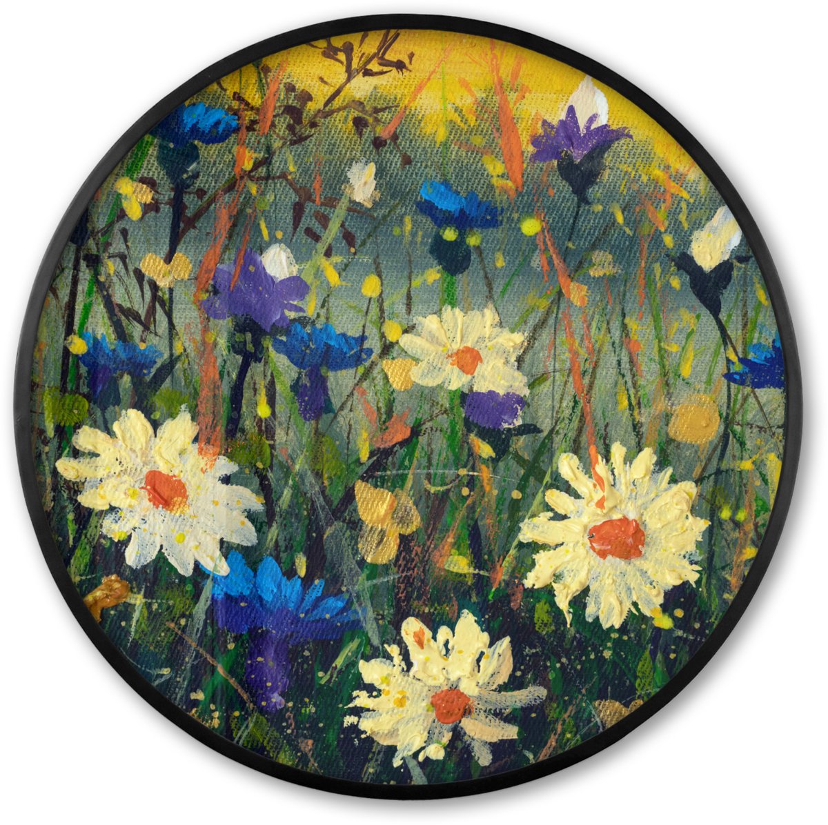 FrameYourWall Poster in lijst Rond - Fotolijst 60x60 cm - Posters - Schilderij - Olieverf - Natuur - Bloemen - Ronde posterlijst zwart - Decoratie - Wanddecoratie woonkamer - Muurdecoratie slaapkamer Multicolor