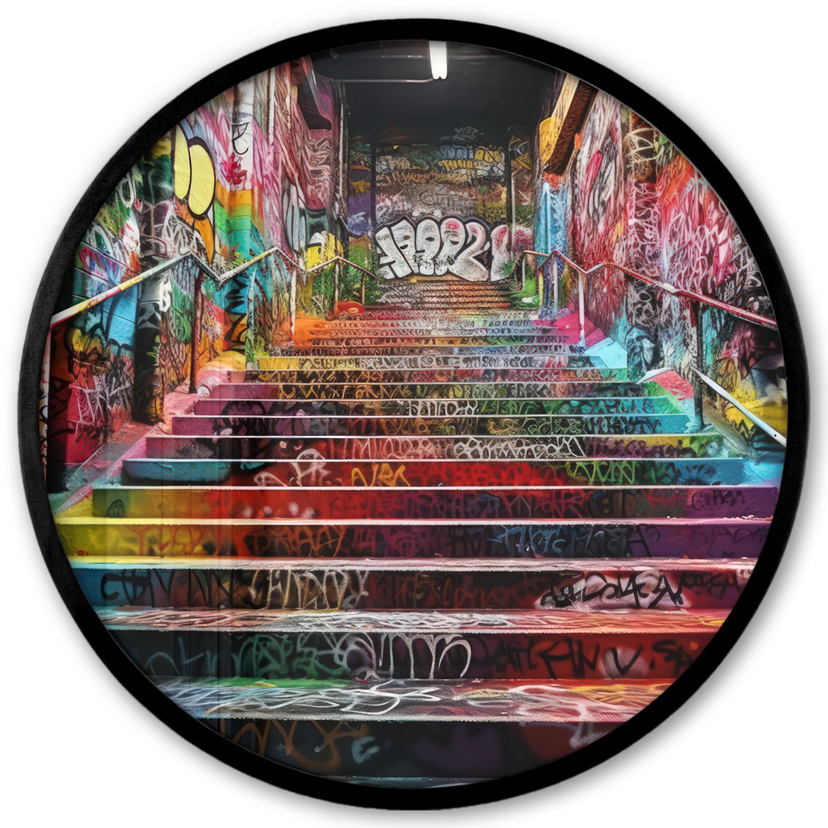 FrameYourWall Poster in lijst Rond - Fotolijst 40x40 cm - Posters - Trap - Graffiti - Kleuren - Kunst - Ronde posterlijst zwart - Decoratie - Wanddecoratie woonkamer - Muurdecoratie slaapkamer Graffiti - Trap