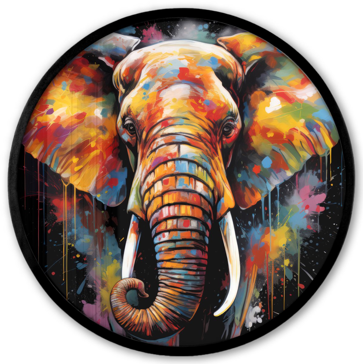 FrameYourWall Poster in lijst Rond - Fotolijst 40x40 cm - Posters - Olifant - Graffiti - Zwart - Dieren - Kleuren - Ronde posterlijst zwart - Decoratie - Wanddecoratie woonkamer - Muurdecoratie slaapkamer Multi