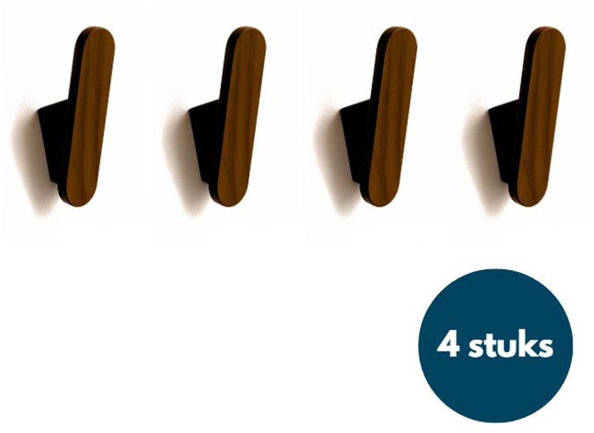Houten Wandhaken - Retro kapstokhaken - Ophanghaken - Handdoekhaken - Jashaken - 4 stuks - Walnoot