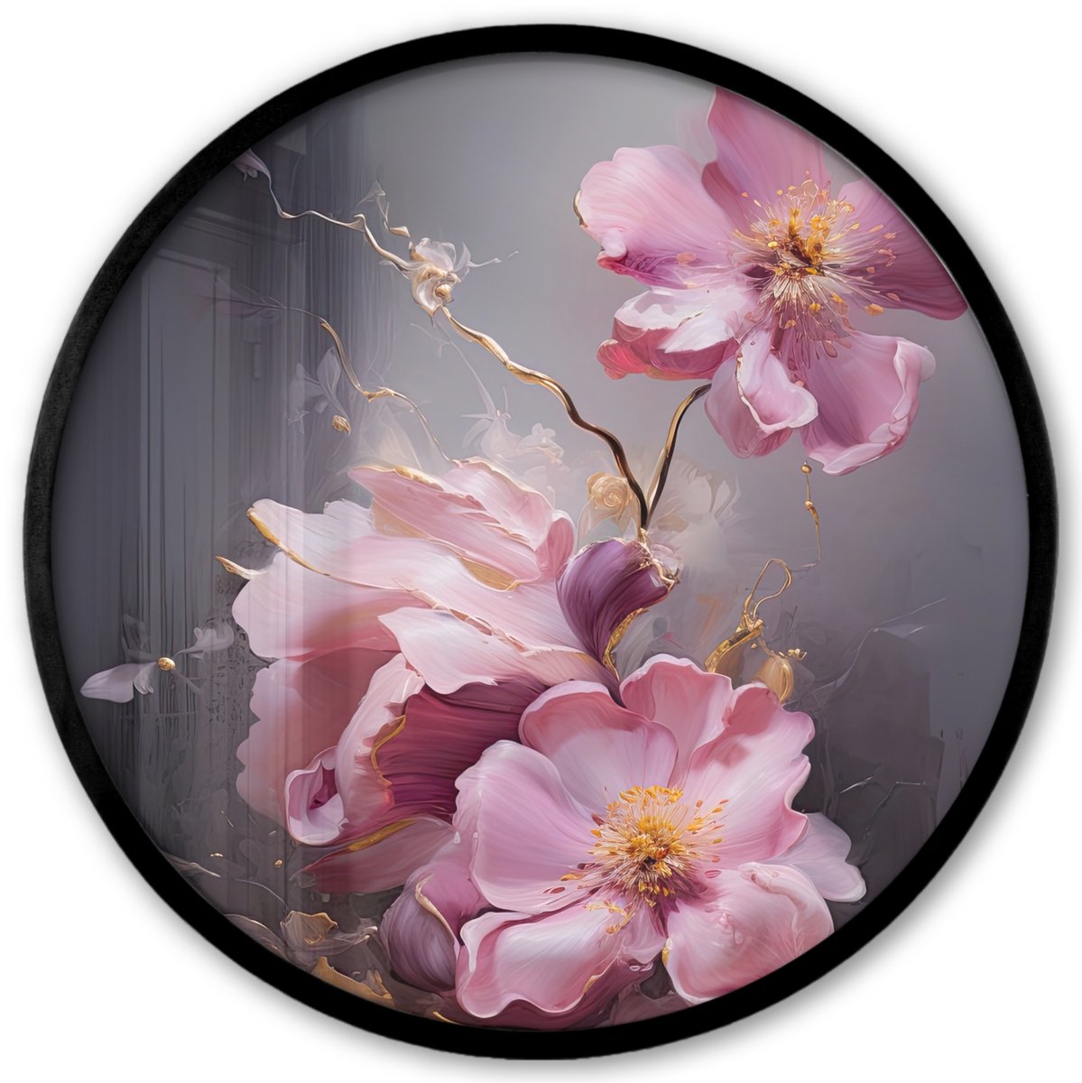 FrameYourWall Poster in lijst Rond - Fotolijst 40x40 cm - Posters - Bloemen - Roze - Stilleven - Kunst - Ronde posterlijst zwart - Decoratie - Wanddecoratie woonkamer - Muurdecoratie slaapkamer