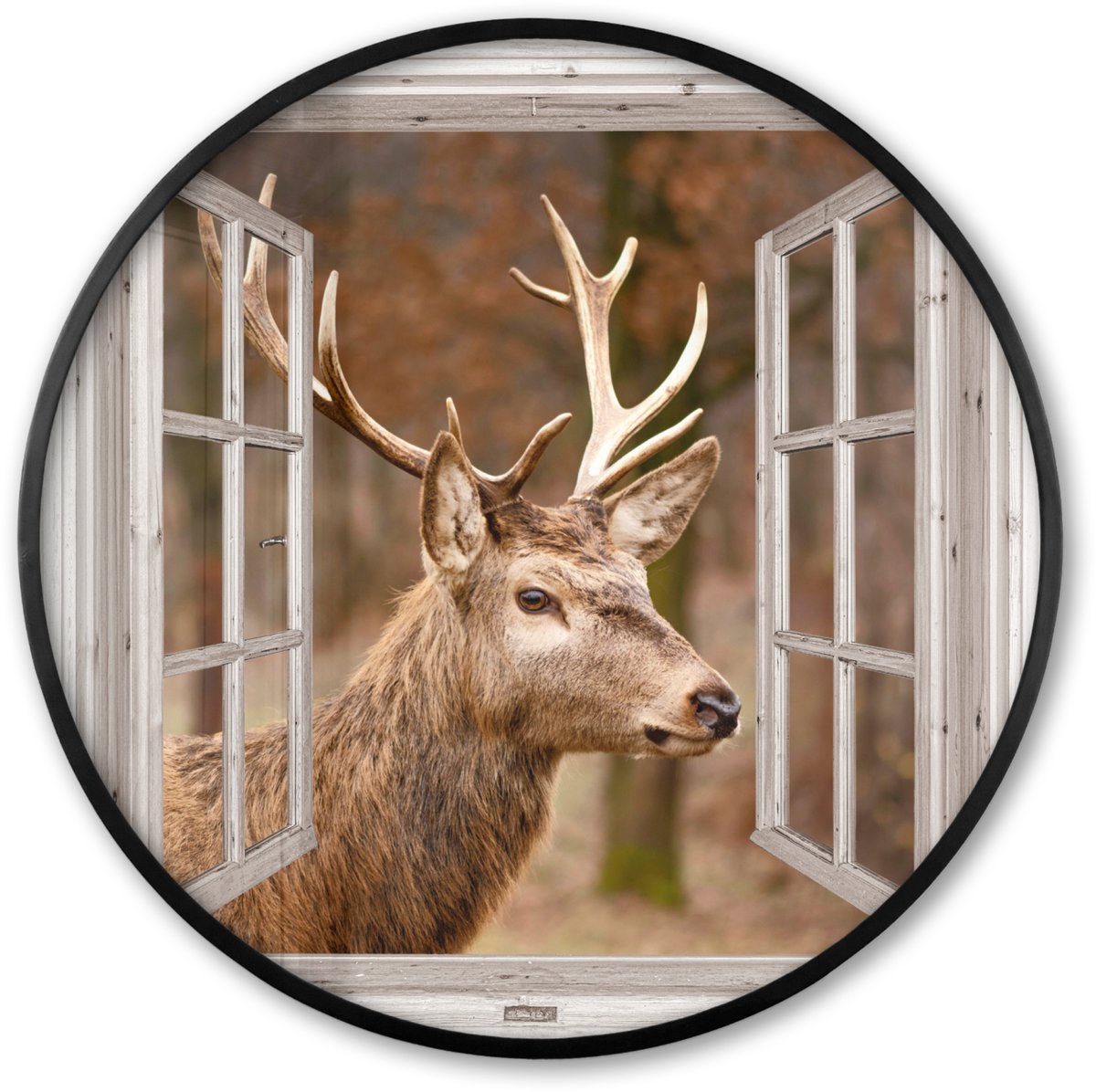 FrameYourWall Poster in lijst Rond - Fotolijst 60x60 cm - Posters - Hert - Dier - Bos - Herfst - Hertenkop - Bruin - Doorkijk - Ronde posterlijst zwart - Decoratie - Wanddecoratie woonkamer - Muurdecoratie slaapkamer