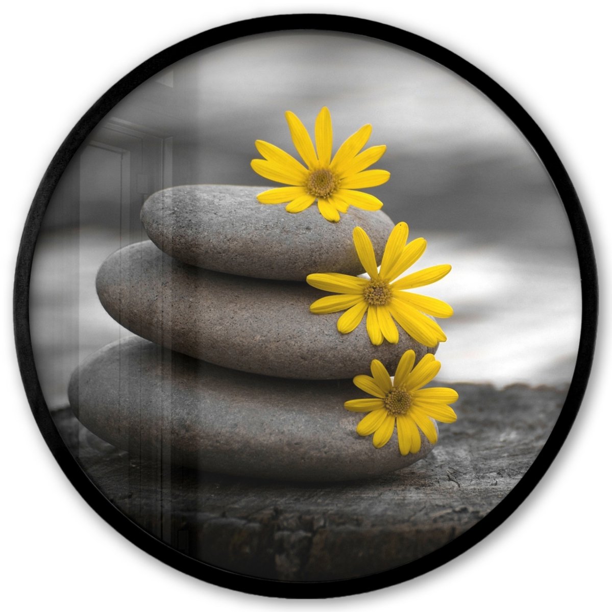 FrameYourWall Poster in lijst Rond - Fotolijst 40x40 cm - Posters - Zen stenen - Bloemen - Geel - Natuur - Ronde posterlijst zwart - Decoratie - Wanddecoratie woonkamer - Muurdecoratie slaapkamer