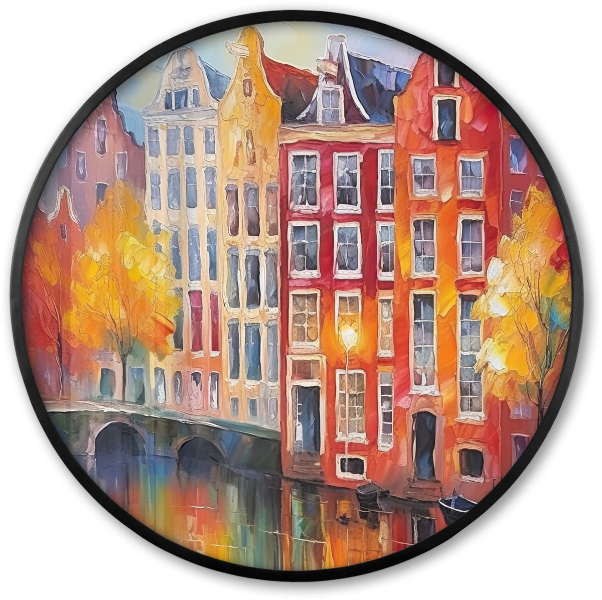 FrameYourWall Poster in lijst Rond - Fotolijst 80x80 cm - Posters - Grachtenpanden - Kunst - Schilderij - Amsterdam - Ronde posterlijst zwart - Decoratie - Wanddecoratie woonkamer - Muurdecoratie slaapkamer Verf - Grachtenpanden