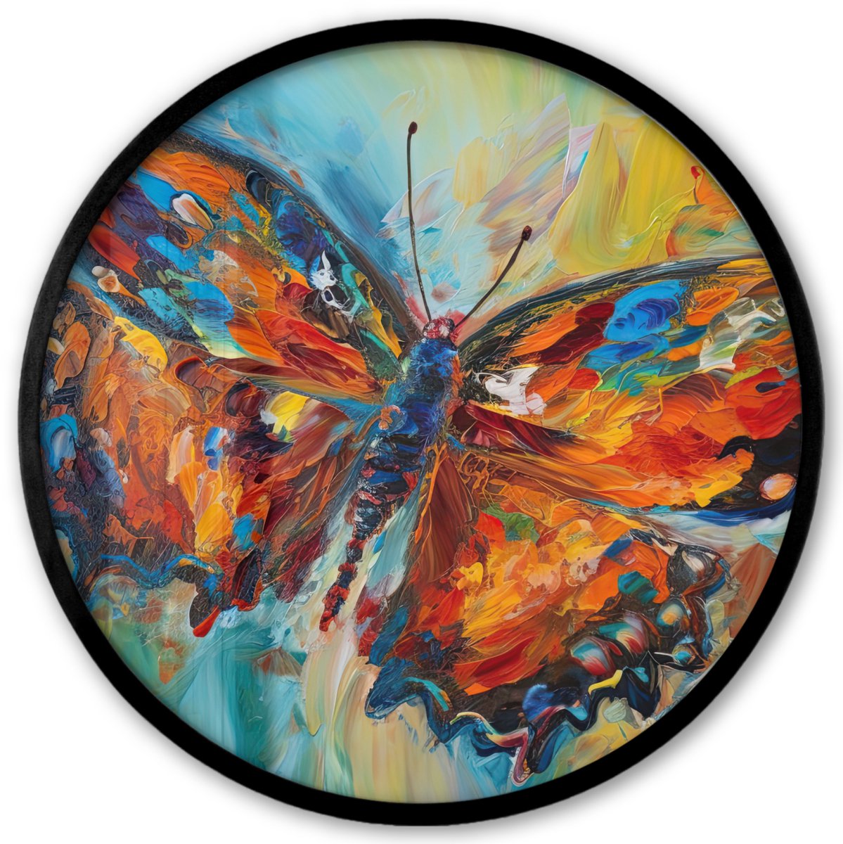 FrameYourWall Poster in lijst Rond - Fotolijst 40x40 cm - Posters - Vlinder - Kleuren - Kunst - Schilderij - Ronde posterlijst zwart - Decoratie - Wanddecoratie woonkamer - Muurdecoratie slaapkamer Vlinder - Verf
