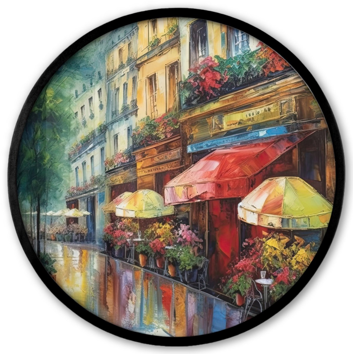 FrameYourWall Poster in lijst Rond - Fotolijst 40x40 cm - Posters - Straat - Olieverf - Kleurrijk - Stad - Ronde posterlijst zwart - Decoratie - Wanddecoratie woonkamer - Muurdecoratie slaapkamer Oil painting - Stad