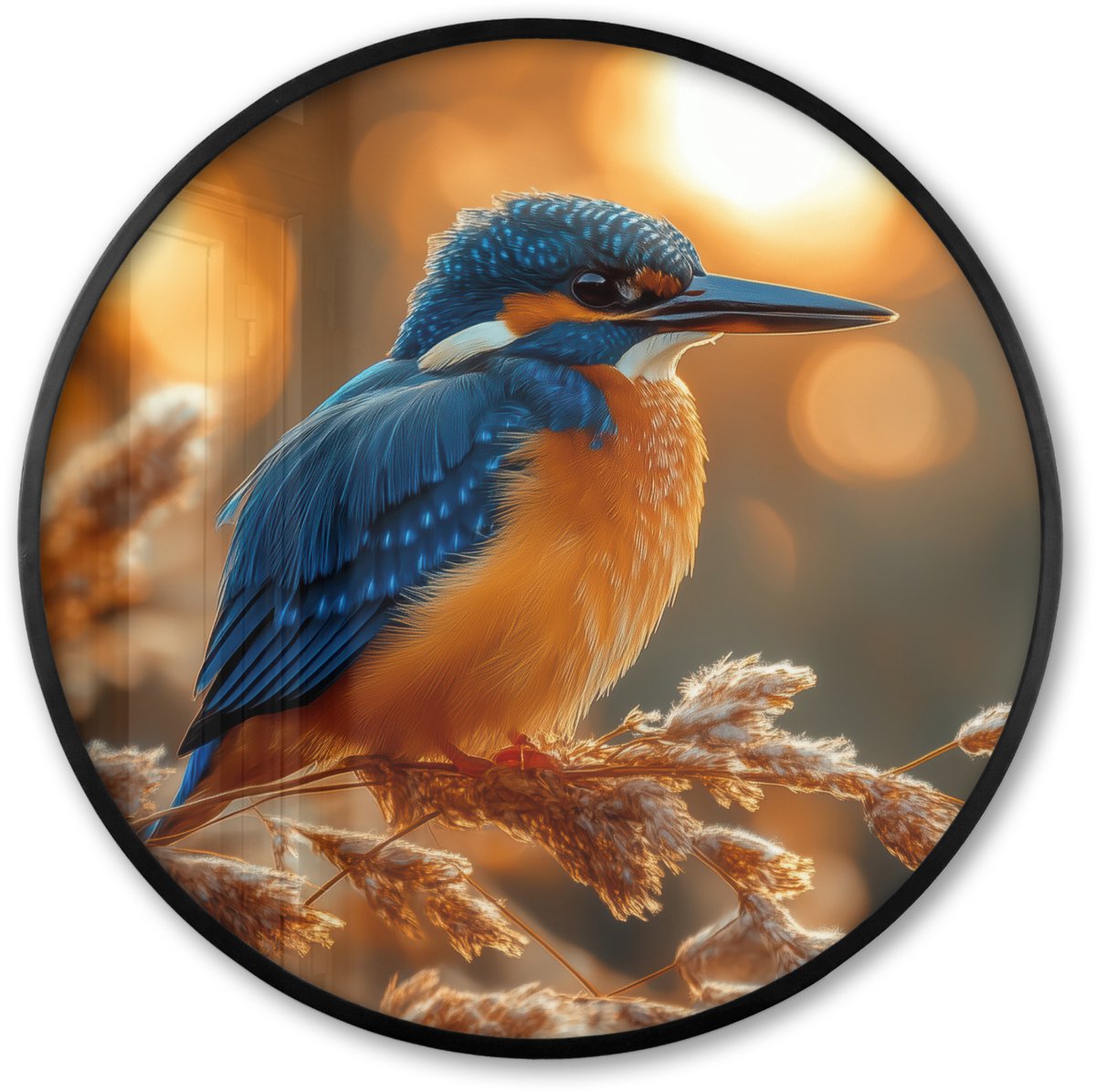 FrameYourWall Poster in lijst Rond - Fotolijst 80x80 cm - Posters - IJsvogel - Herfst - Vogels - Zon - Natuur - Herfsttakken - Ronde posterlijst zwart - Decoratie - Wanddecoratie woonkamer - Muurdecoratie slaapkamer