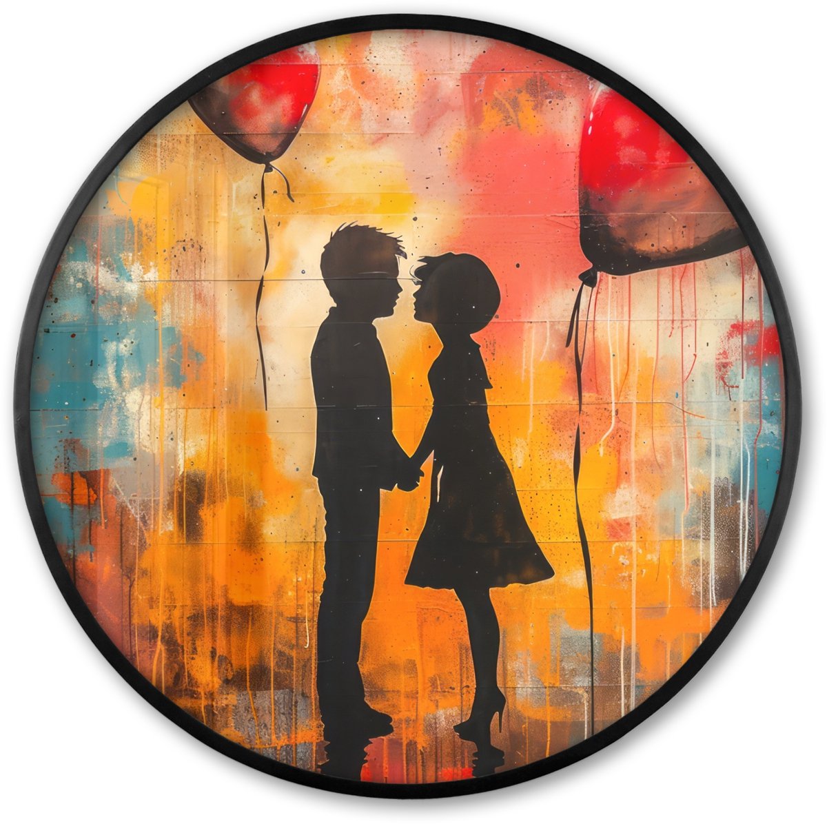 FrameYourWall Poster in lijst Rond - Fotolijst 60x60 cm - Posters - Street art - Liefde - Graffiti - Kunst - Aesthetic - Ronde posterlijst zwart - Decoratie - Wanddecoratie woonkamer - Muurdecoratie slaapkamer Graffiti - Stelletje
