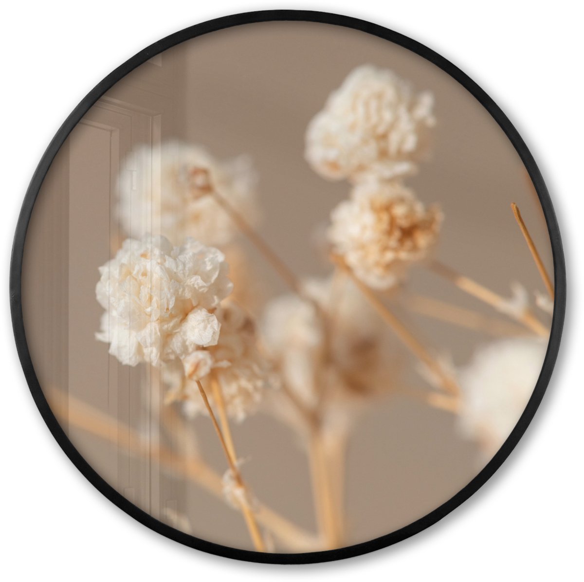 FrameYourWall Poster in lijst Rond - Fotolijst 80x80 cm - Posters - Bloemen - Wit - Natuur - Pastel - Ronde posterlijst zwart - Decoratie - Wanddecoratie woonkamer - Muurdecoratie slaapkamer Beige