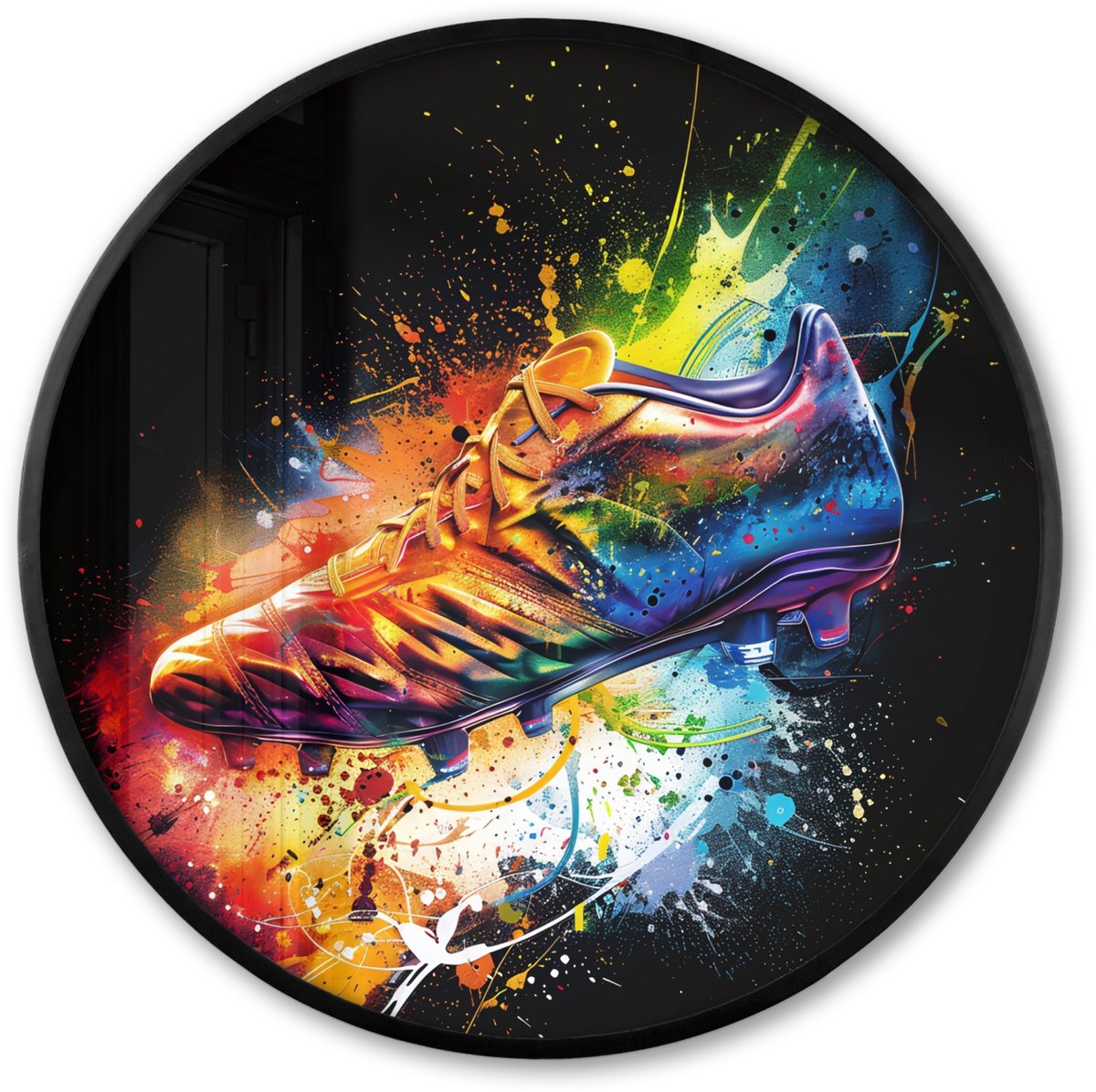 FrameYourWall Poster in lijst Rond - Fotolijst 80x80 cm - Posters - Graffiti - Sport - Voetbal - Schoen - Verf - Ronde posterlijst zwart - Decoratie - Wanddecoratie woonkamer - Muurdecoratie slaapkamer Voetbalschoen