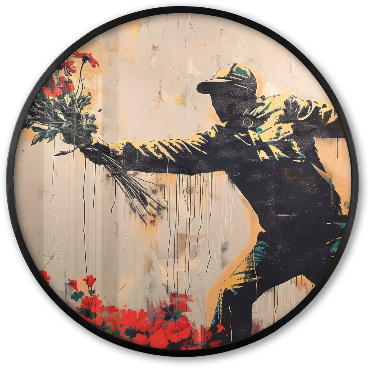 FrameYourWall Poster in lijst Rond - Fotolijst 60x60 cm - Posters - Street art - Man - Bloemen - Graffiti - Banksy Style - Ronde posterlijst zwart - Decoratie - Wanddecoratie woonkamer - Muurdecoratie slaapkamer