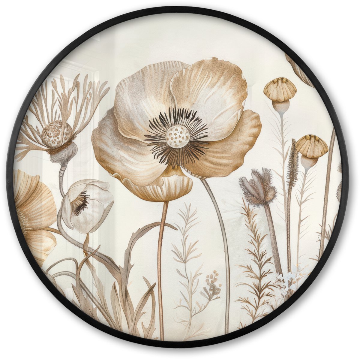 FrameYourWall Poster in lijst Rond - Fotolijst 60x60 cm - Posters - Bloemen - Beige - Natuur - Illustratie - Ronde posterlijst zwart - Decoratie - Wanddecoratie woonkamer - Muurdecoratie slaapkamer