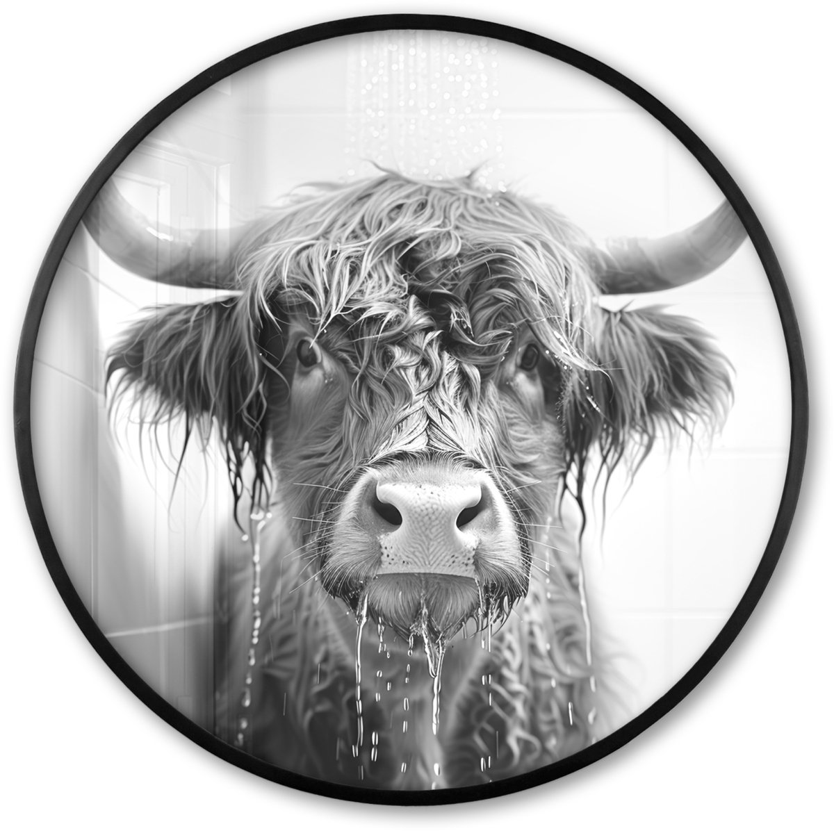 FrameYourWall Poster in lijst Rond - Fotolijst 60x60 cm - Posters - Schotse Hooglander - Dier - Douche - Humor - Ronde posterlijst zwart - Decoratie - Wanddecoratie woonkamer - Muurdecoratie slaapkamer Schotse hooglander - Douche