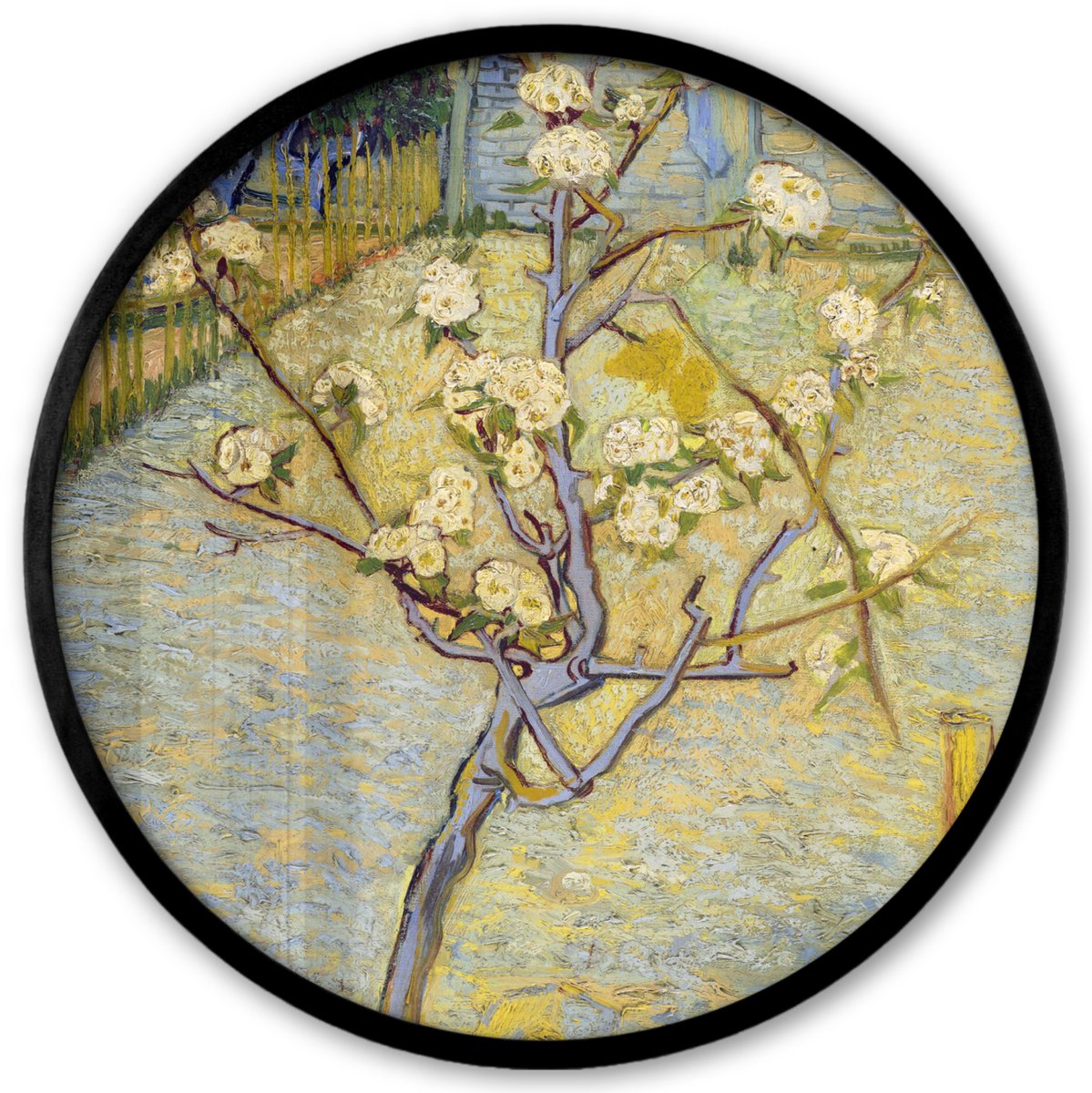 FrameYourWall Poster in lijst Rond - Fotolijst 40x40 cm - Posters - Perenboompje in bloei - Vincent van Gogh - Ronde posterlijst zwart - Decoratie - Wanddecoratie woonkamer - Muurdecoratie slaapkamer Multicolor