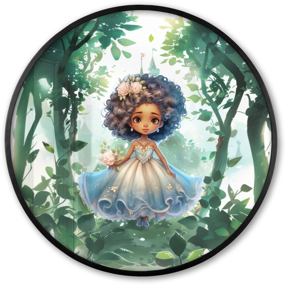 FrameYourWall Poster in lijst Rond - Fotolijst 60x60 cm - Posters - Prinses - Kasteel - Meiden - Bloemen - Ronde posterlijst zwart - Decoratie - Wanddecoratie woonkamer - Muurdecoratie slaapkamer Prinses - Blauw