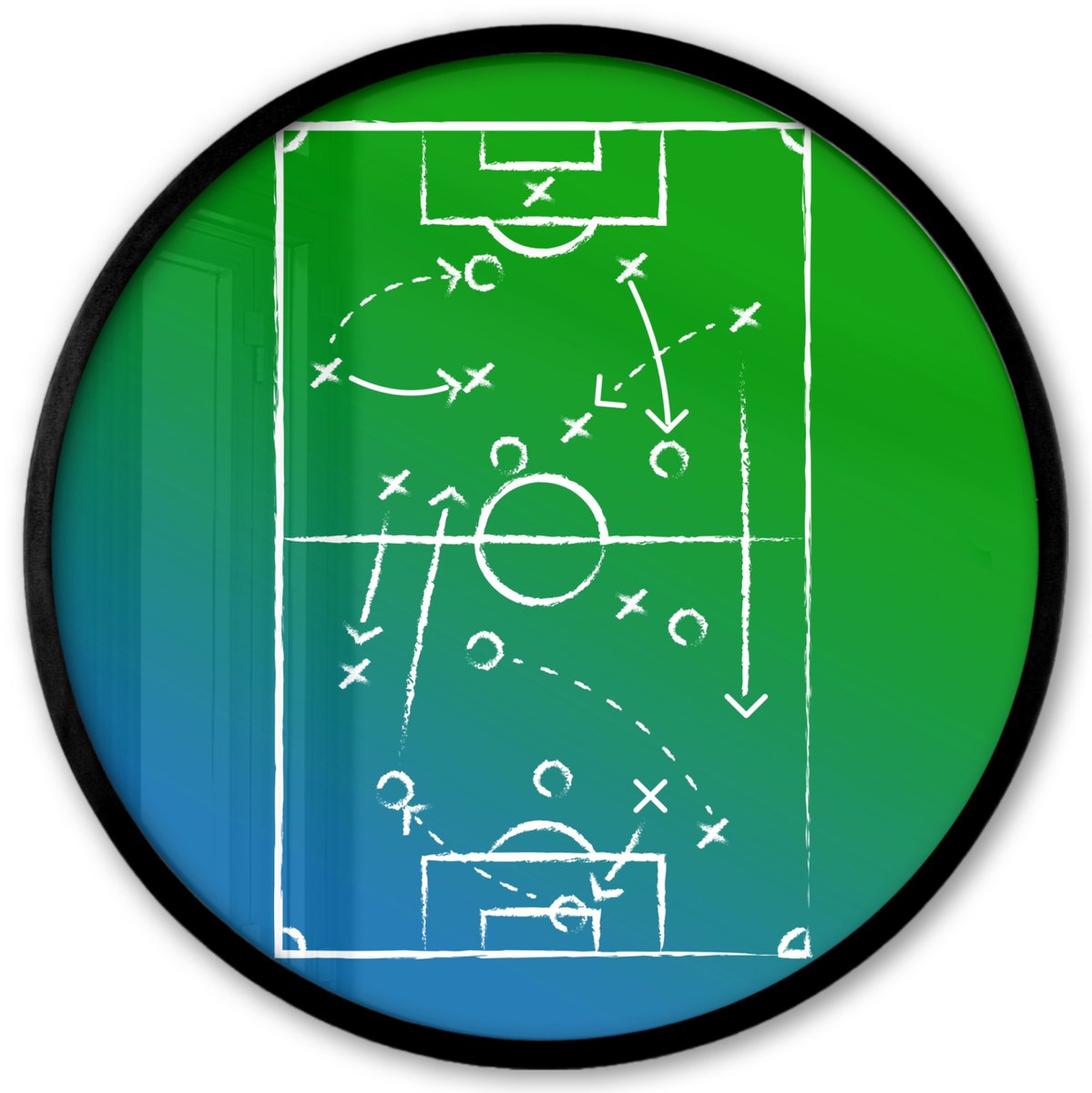 FrameYourWall Poster in lijst Rond - Fotolijst 40x40 cm - Posters - Voetbal - Tactiek - Spel - Groen - Blauw - Ronde posterlijst zwart - Decoratie - Wanddecoratie woonkamer - Muurdecoratie slaapkamer Speelveld