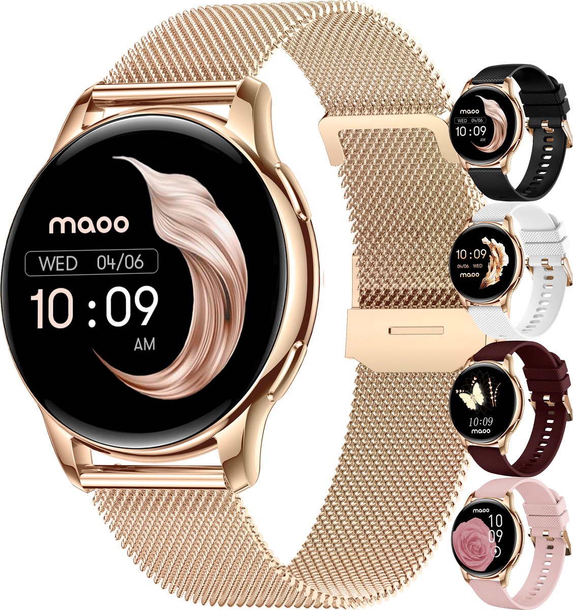 Maoo Ventura AMOLED Smartwatch Dames - RVS en Siliconen Bandje - Stappenteller - Hartslagmeter - Slaapmonitor - Multisport - Geschikt voor Android en iOS - Rosé Goud en Roze