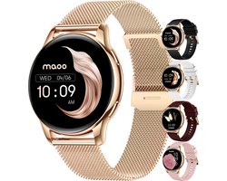 Maoo Ventura AMOLED Smartwatch Dames - RVS en 4x Siliconen Bandje - Stappenteller - Hartslagmeter - Slaapmonitor - Multisport - Geschikt voor Android en iOS - Rosé Goud en Roze