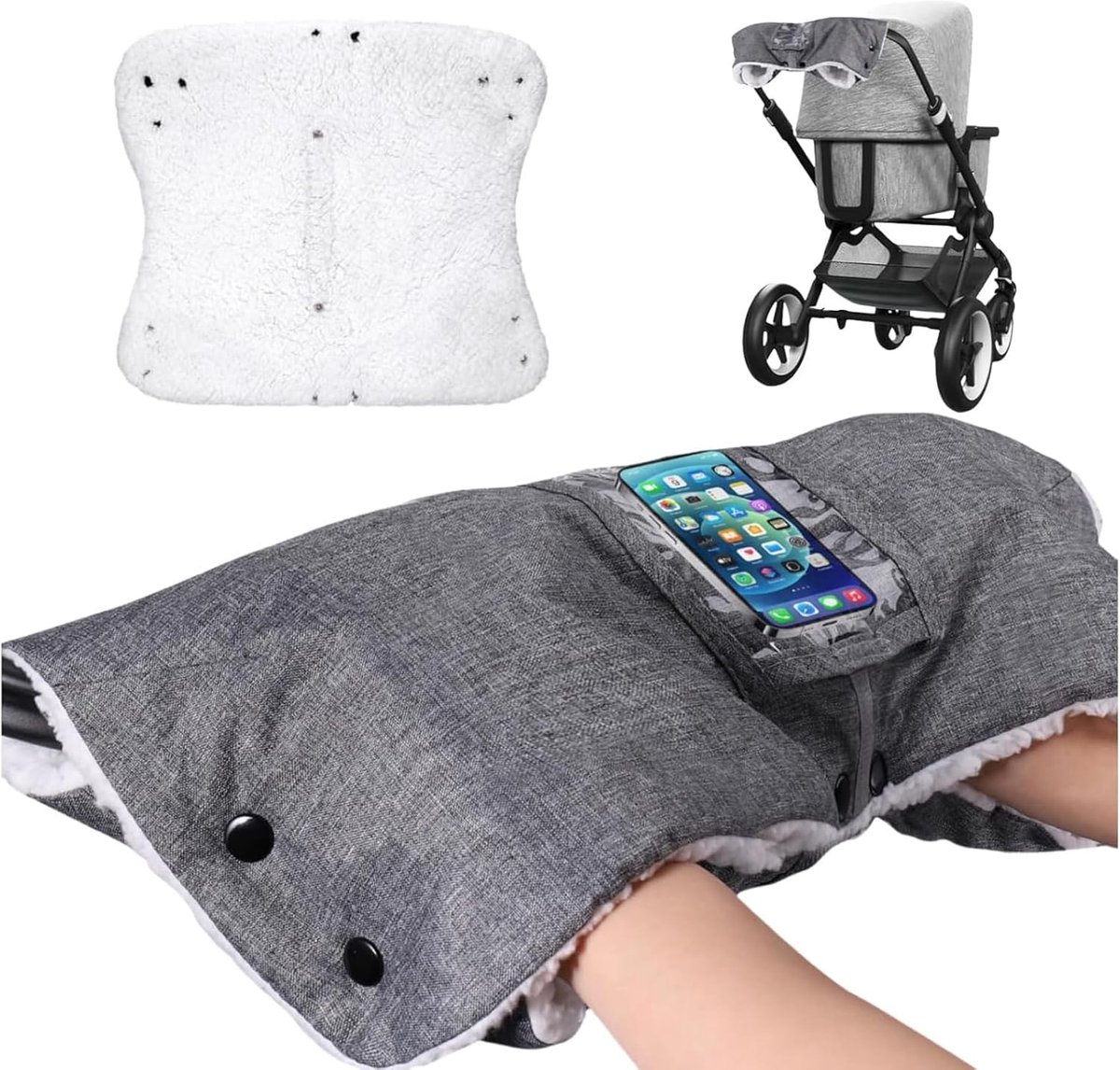 Hand Warmer - Pushchair Sleeve met Fleece Binnenkant - Waterdichte Pram Sleeve - Hand Muff voor Pram met Mobiele Telefoon Compartment - Universele Maat voor Alle Pushchairs en Buggies