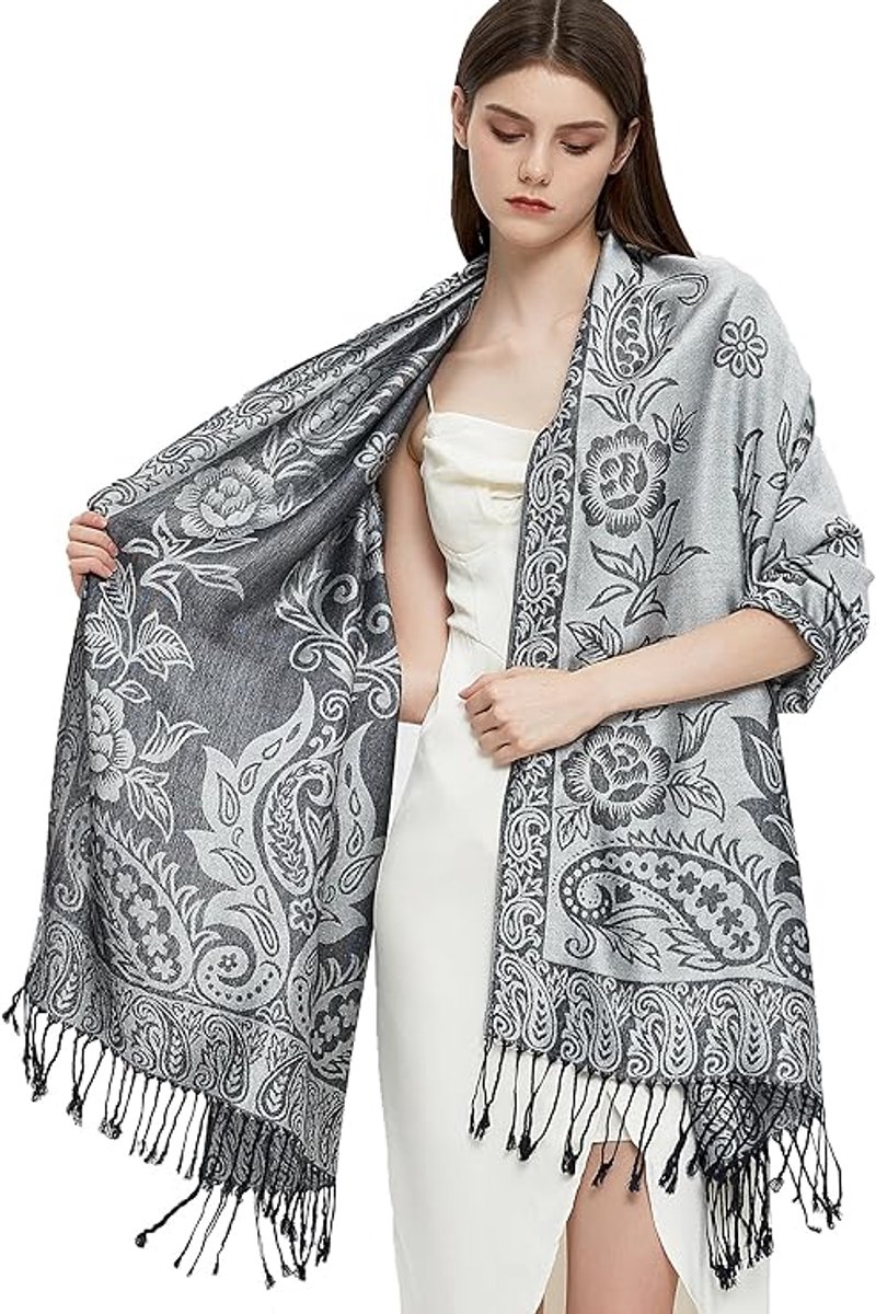 Pashmina sjaal wrap met etnische paisley Two Tone Jacquard sjaal voor dames - lengte 180 cm met franjes (10 cm franjes aan elke kant), breedte: 60 cm - paisley-zwart grijs