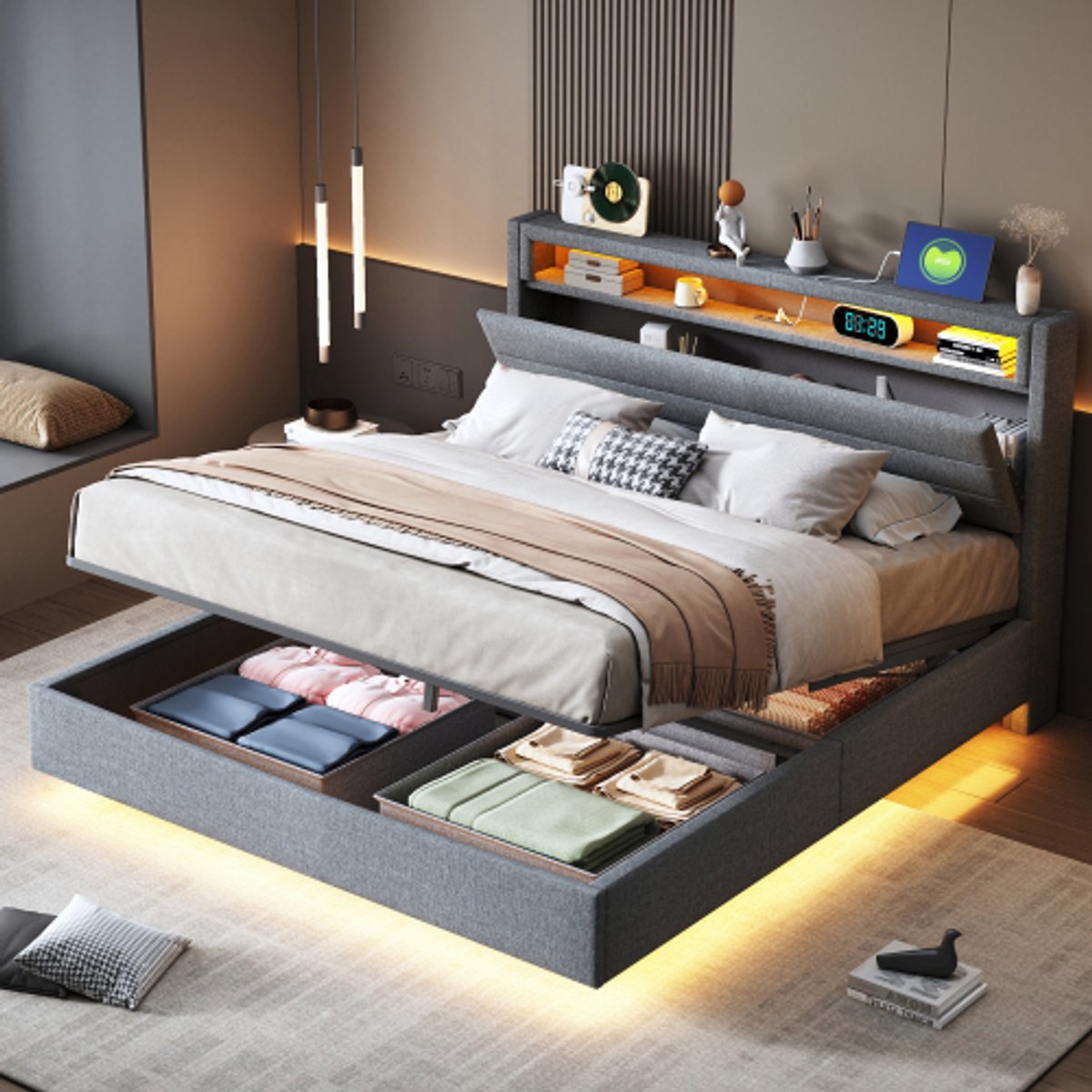 Tweepersoonsbed 140x200 cm – Gestoffeerd bed met opbergruimte, hydraulisch frame, USB-opla
