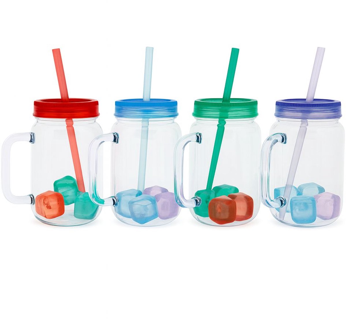 Set van 4 lichtgewicht Mason Jar drinkbekers – 550 ml – Kunststof met handvat & rietje – Inclusief 4 vriesbare ijsblokjes per beker