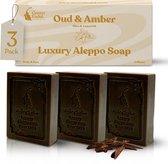 GREEN FADEL Aleppo Zeep Luxe - geur van Oudh & Amber - 3 stuks - Olijfolie & Laurierolie - Natuurlijke Zeep - Handgemaakt - Lichaams- en handzeep