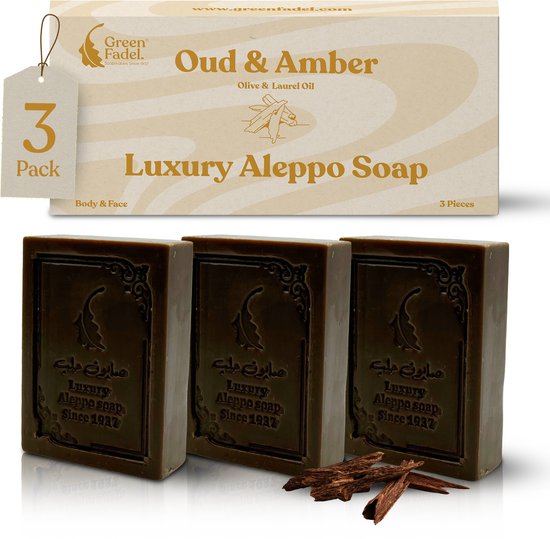 GREEN FADEL (Luxury) Savon Aleppo Original à l' Aroma Oud & Ambre, 3 Pièces, Savon Aleppo Huile d'Olive & Huile de Laurier, Savon à l'Huile d'Olive, Savon Naturel, Savon Aleppo de Luxe, pour Visage & Corps