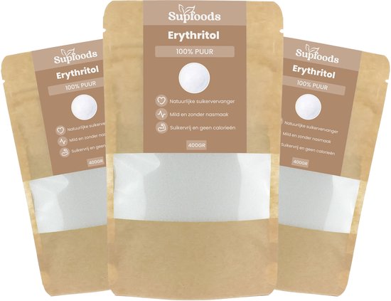 Drie bruine verpakkingen met de tekst Supfoods Erythritol 100% Puur. Natuurlijke suikervervanger. Mild en zonder calorieën.