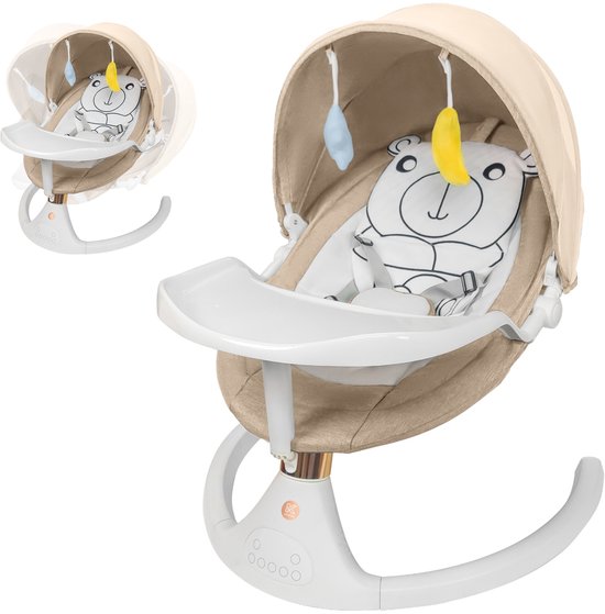 Elovia Elektrische Wipstoel - Muziek en Swing Opties - 5 Punts Gordel - Khaki- Babyschommel- Schommelstoel - Beren kussen- Baby Swing Incl Eetbord