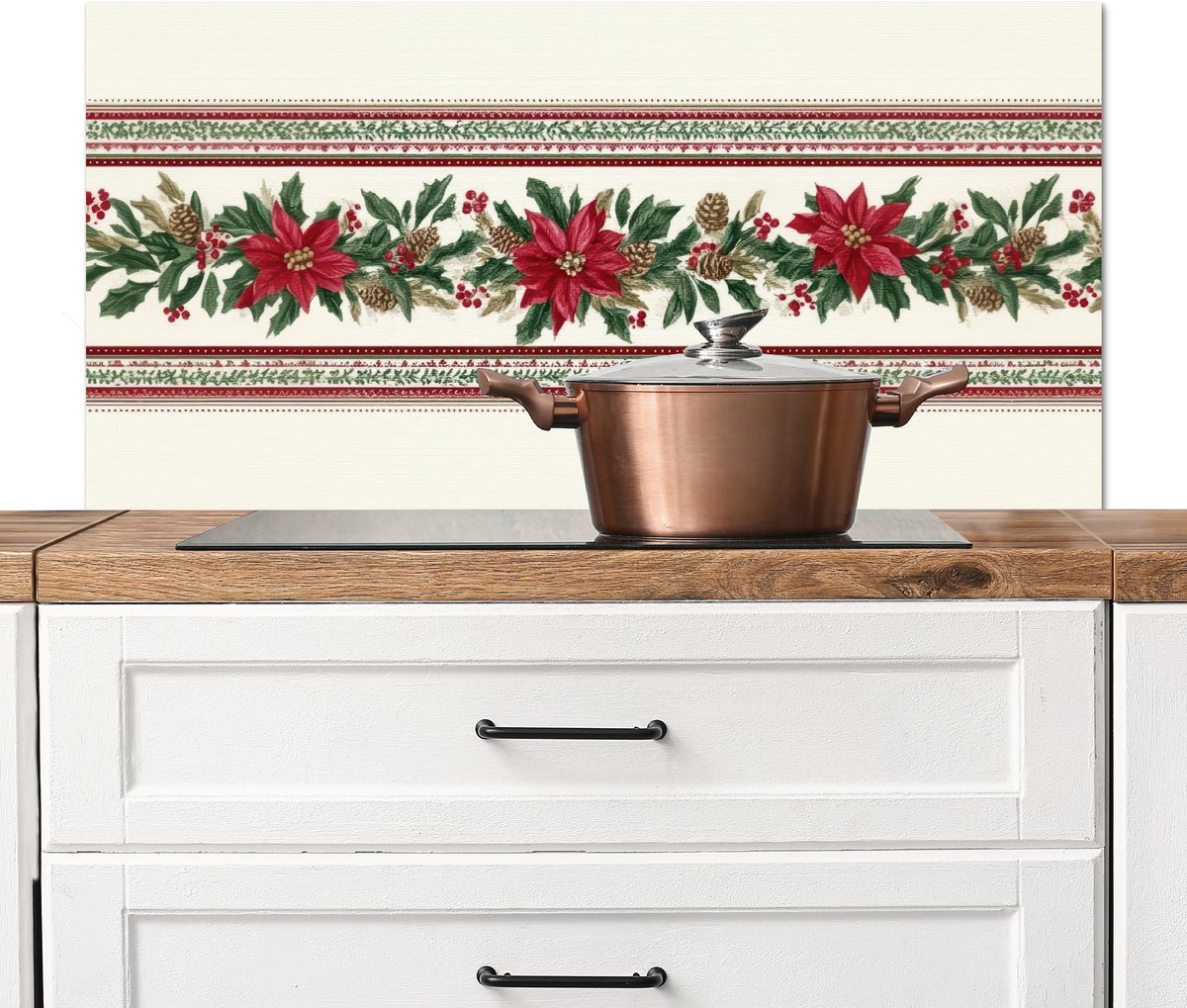 Spatscherm keuken 100x50 cm - Kookplaat achterwand Kerststrook - Poinsettia - Rood - Groen - Muurbeschermer - Spatwand fornuis - Hoogwaardig aluminium