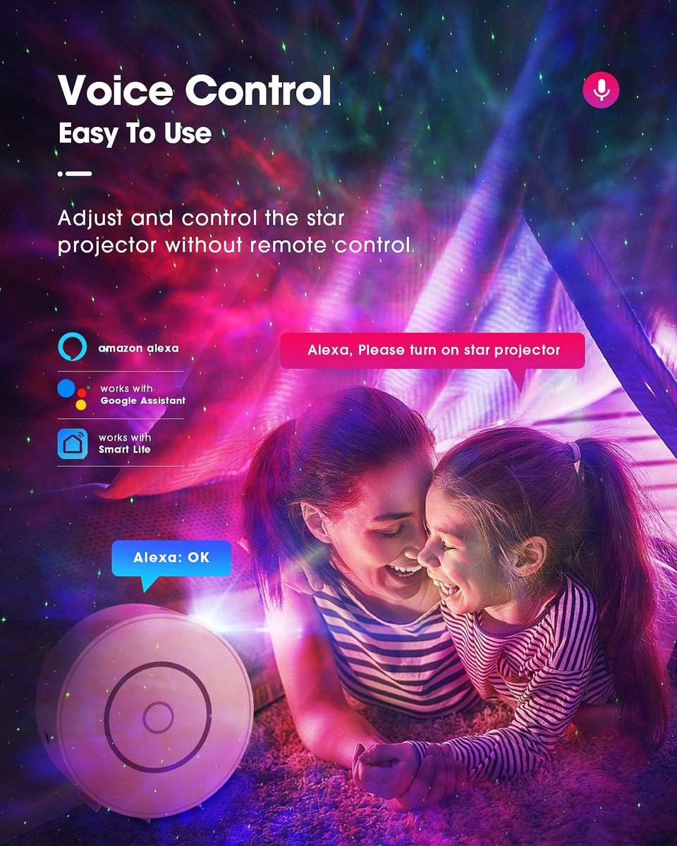 Smart sterrenhemelprojector, 3D-projector voor sterrenhemel, led, voor kinderen en volwassenen, met RGB, dimmen/spraakbesturing wifi-verbinding, voor gebruikt thuis of bij feestjes, wit – foto 5