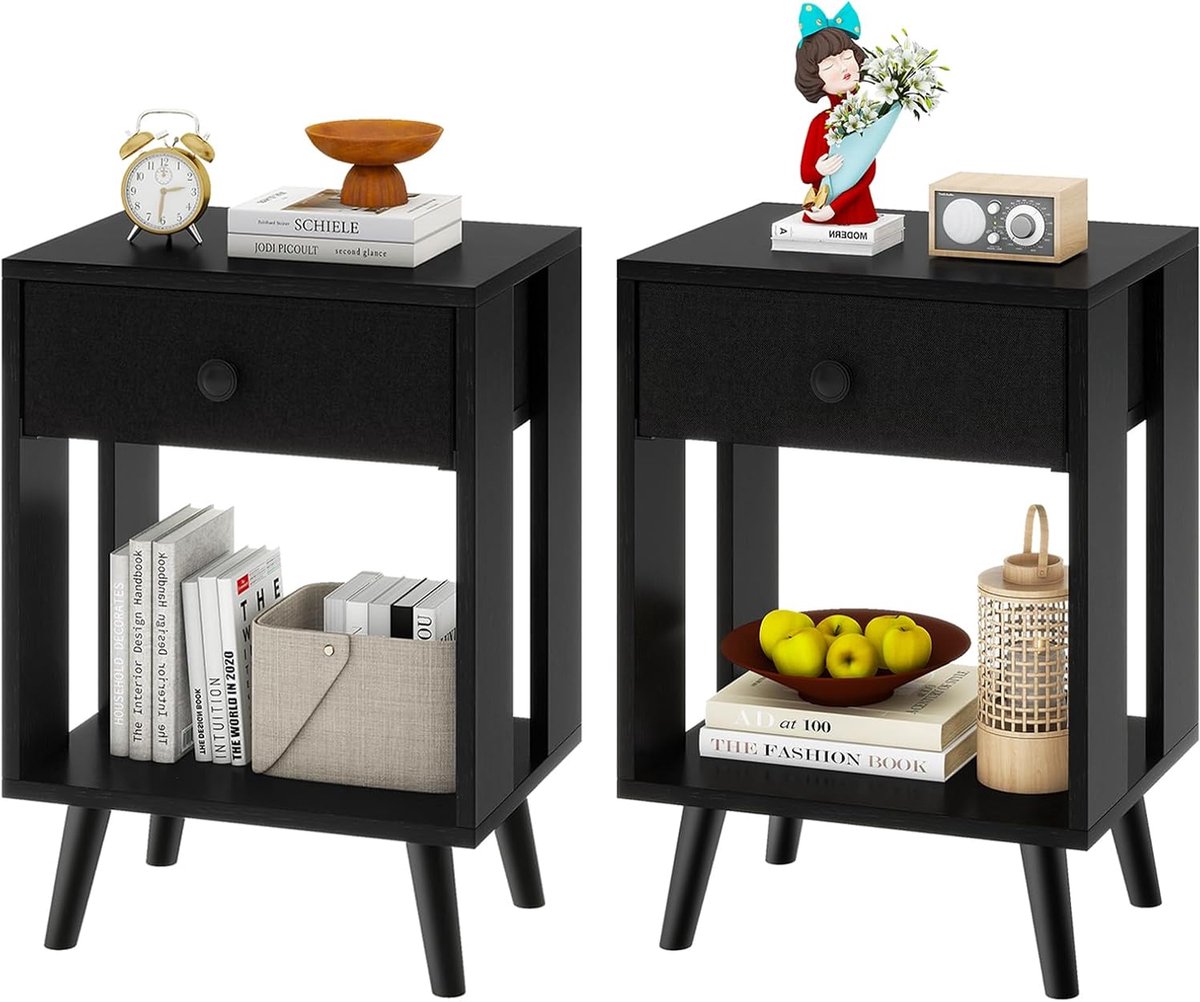 Image of achtkastje, set van 2, bijzettafel, nachtkastje, stoffen laden en open vak, massief houten poten, modern, eenvoudige montage, voor slaapkamer en woonkamer, zwart