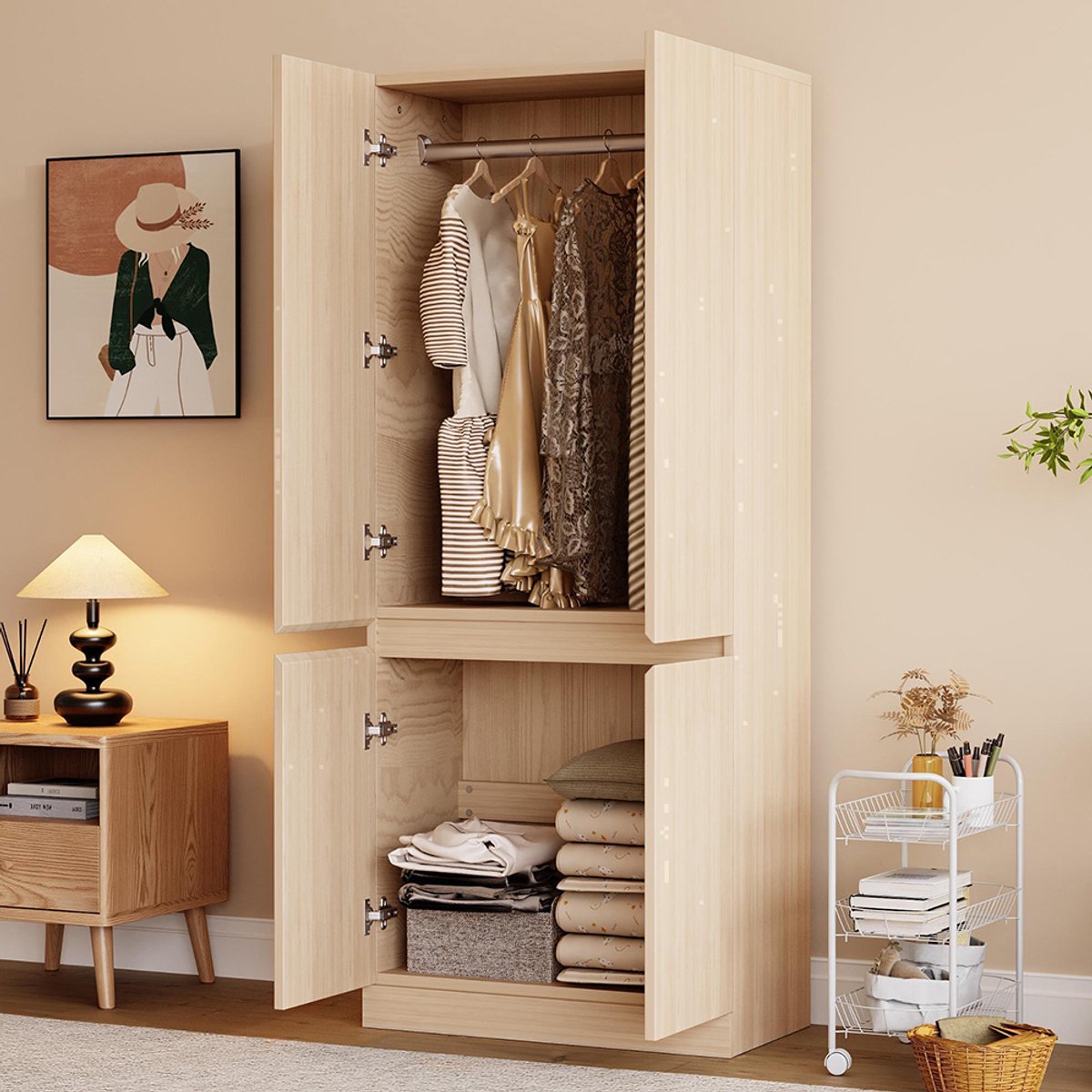 Pugsdrly Kast 70 × 40 × 170 cm, dubbele deur met grote opbergvakken, houtkleurig