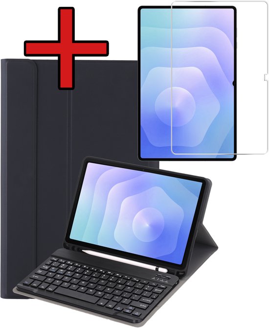 Zwarte tablethoes, schermprotector en QWERTY-toetsenbord met tablet in typestand.