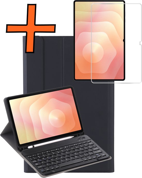 Zwarte toetsenbordhoes, tablet met toetsenbord en screenprotector.