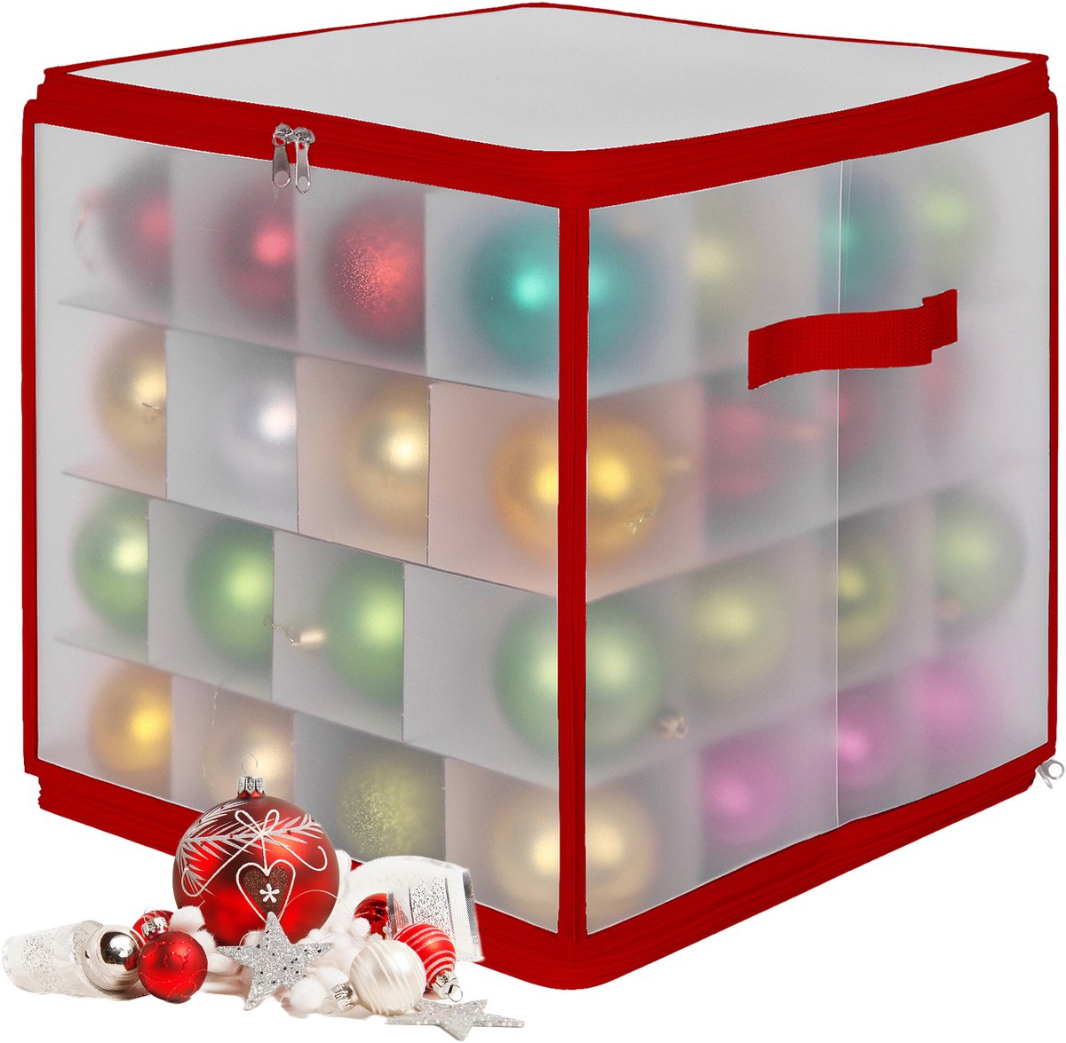 Kerstballen opbergbox - voor 64 ballen - kunststof - transparant-rood