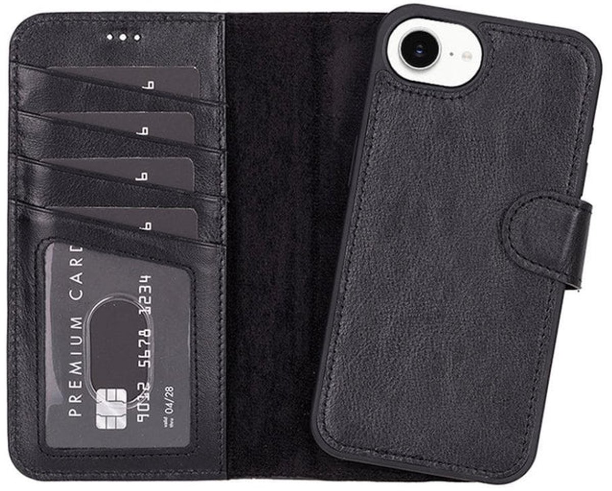 Lykke Leren Hoesje met Pasjeshouder voor iPhone 16e – Handgemaakt Echt Leer – MagSafe – Zwart