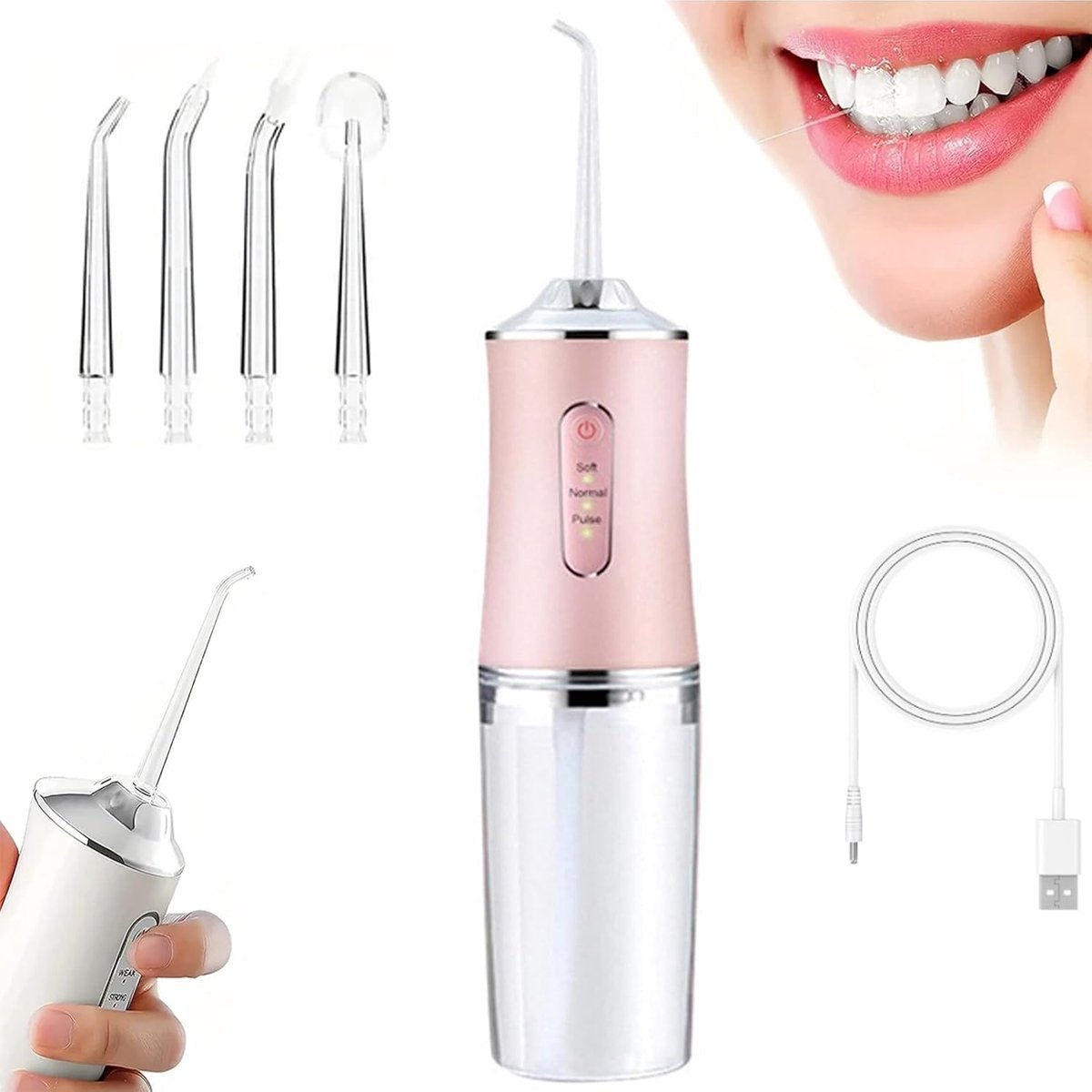 Waterflosser - Monddouche Elektrisch - Neusdouche - Monddouche - Flosapparaat - Draagbare waterflosser - 300 ml - 3 standen - 4 Opzetstukjes - Geschikt voor reizen, beugels thuis en brugverzorging - Kerstcadeau - Roze