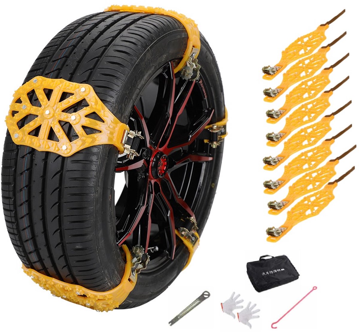 Universele Sneeuwkettingen voor Auto’s – 8-delige Set – Met Handschoenen, Tas en Gereedschap – Anti-slip Bandenkettingen voor Auto/SUV/Vrachtwagen – Eenvoudige Montage – voor bandbreedte 175-245 mm - Winterveiligheid - Geel