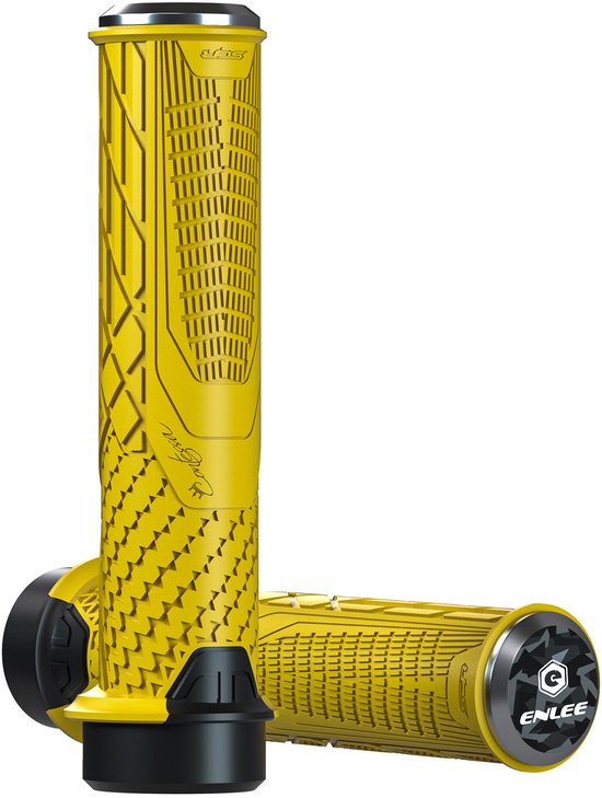 Paar gele fiets handvatten met textuur en ENLEE logo.