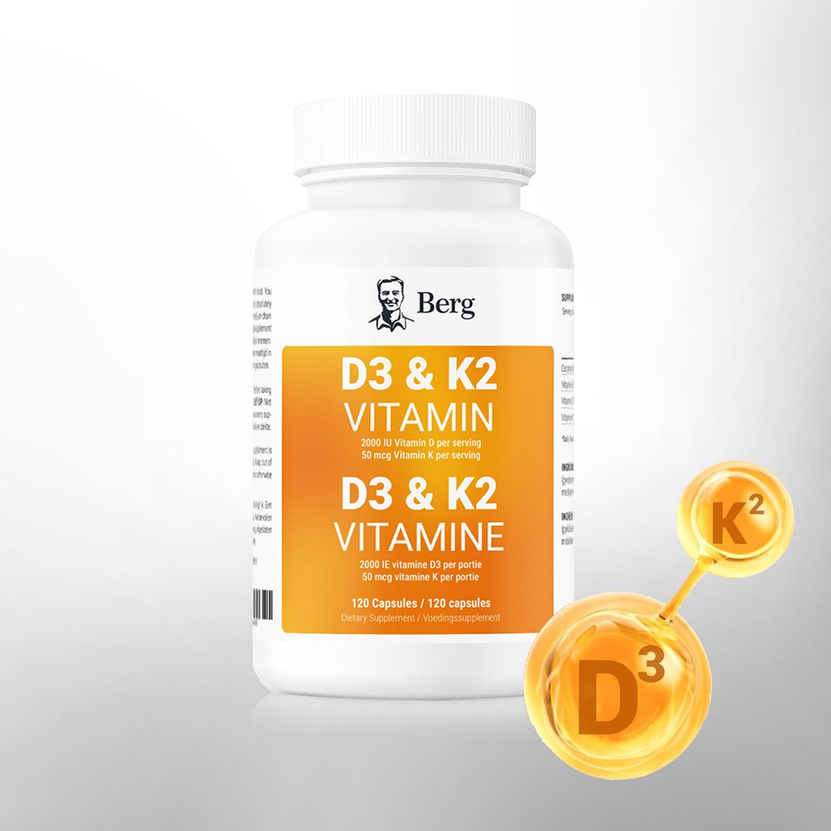 Berg Vitamine D3 + K2 met MCT-olie – Hoge dosering – 2000 IE D3 / 50 µg MK7 – 120 capsules