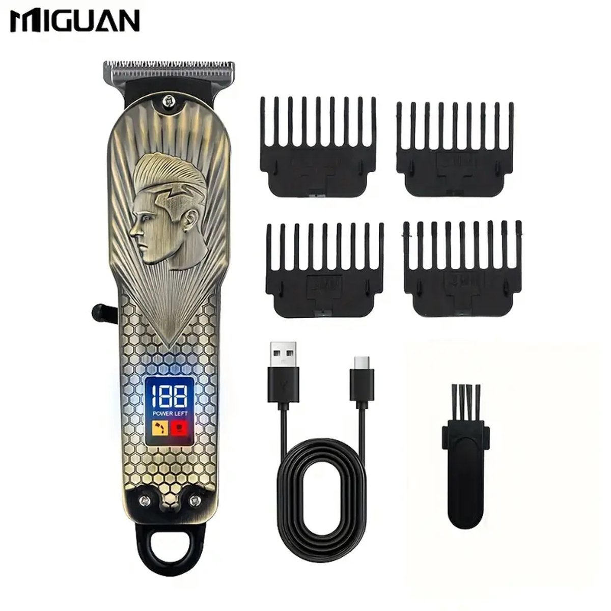 MIGUAN Vintage Tondeuse - Digitale Trimmer met 4 Opzetstukken - Usb Oplaadbare Scheerapparaat voor Gezichtshaar, Hoofdhaar en Lichaamshaar - Digitale Batterij Indicator - Perfecte Lichaamshaar Verzorging voor Dames en Heren - Kleur: Brons