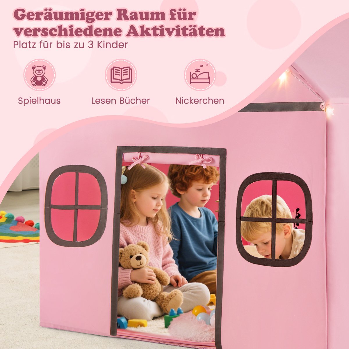 COSTWAY Kinderspeelhuis Indoor - Speeltent Met Sterrenlichten, Mat En Gordijn Beige Bruin