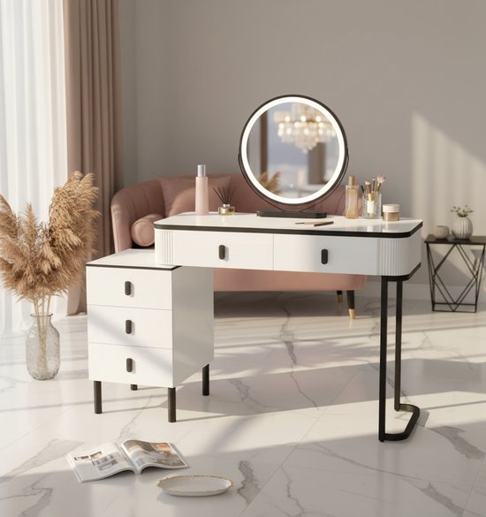 Foto: Kaptafel met led verlichting kruk in hoogte verstelbare spiegel 3 lichtkleuren 2 stoffen lades plank witte kaptafel met opbergruimte 80 40 136 cm moderne make uptafel voor slaapkamer kleedkamer homebynicole