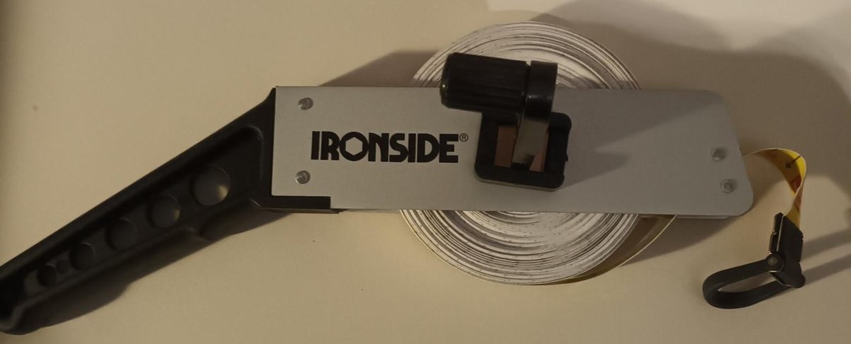Landmeter - Meetlint - 20 Meter - Ironside - Haspel - Handmodel - Kunststof Band - Geel/Wit - Vastzethaak Einde Meetlint - 150104