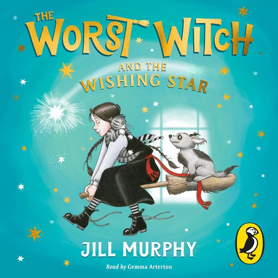 Boekomslag van The Worst Witch and the Wishing Star door Jill Murphy, met een heks op een bezemsteel met een kat en hond.