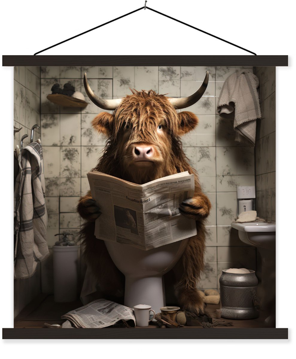 Posterhanger incl. Poster 120x120 cm - Schoolplaat - Schotse hooglander - Toilet - Krant -