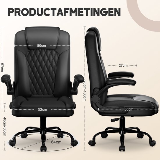 Zwarte ergonomische bureaustoel met ruitpatroon, verstelbare rugleuning en inklapbare armleuningen. Afmetingen getoond.